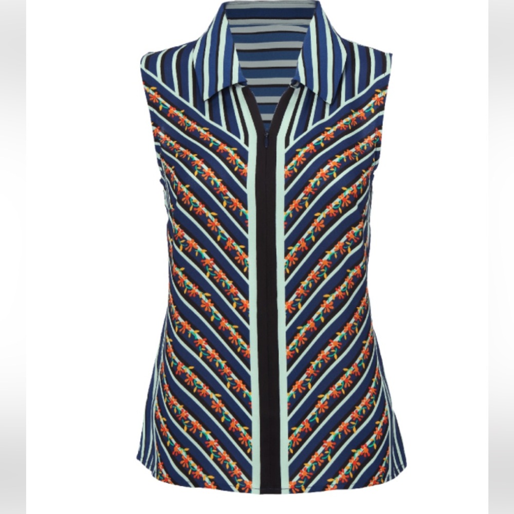 Cabi Chevron Top Style #6318 Sleeveless Zip-Front Collared Blouse Size Large,EUC
